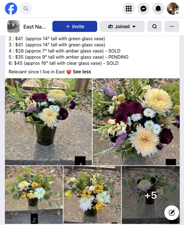 Facebook screenshot showing prototype bouquet photos and pricing.