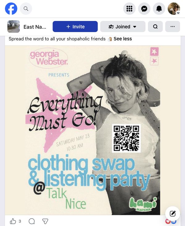 Facebook screenshot showing the Talk Nice clothing swap and listening party flyer.