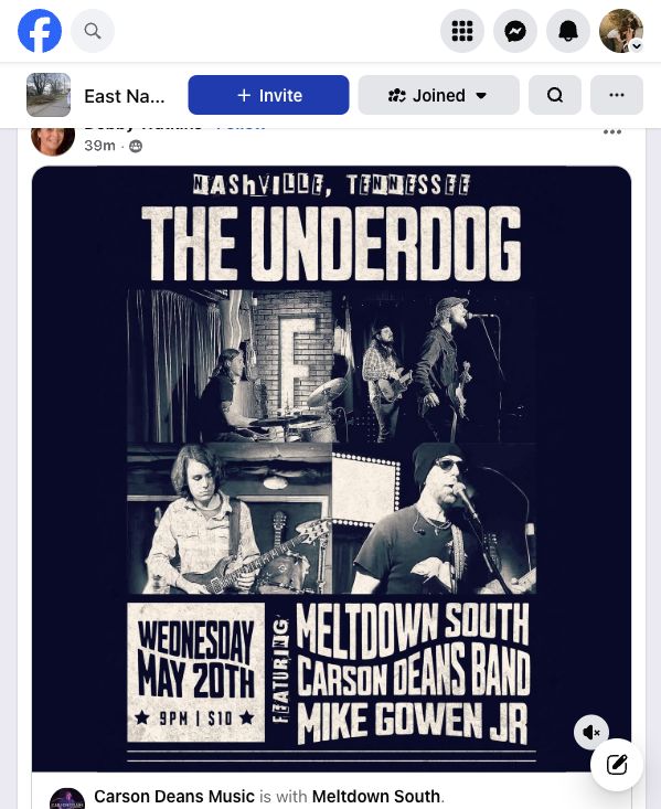 Facebook screenshot showing The Underdog May 20 show flyer.